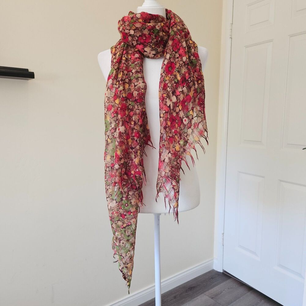 Peruvian Connection Scarf Wrap Boho Floral & Multi Color 100% Wool 38" x 78"